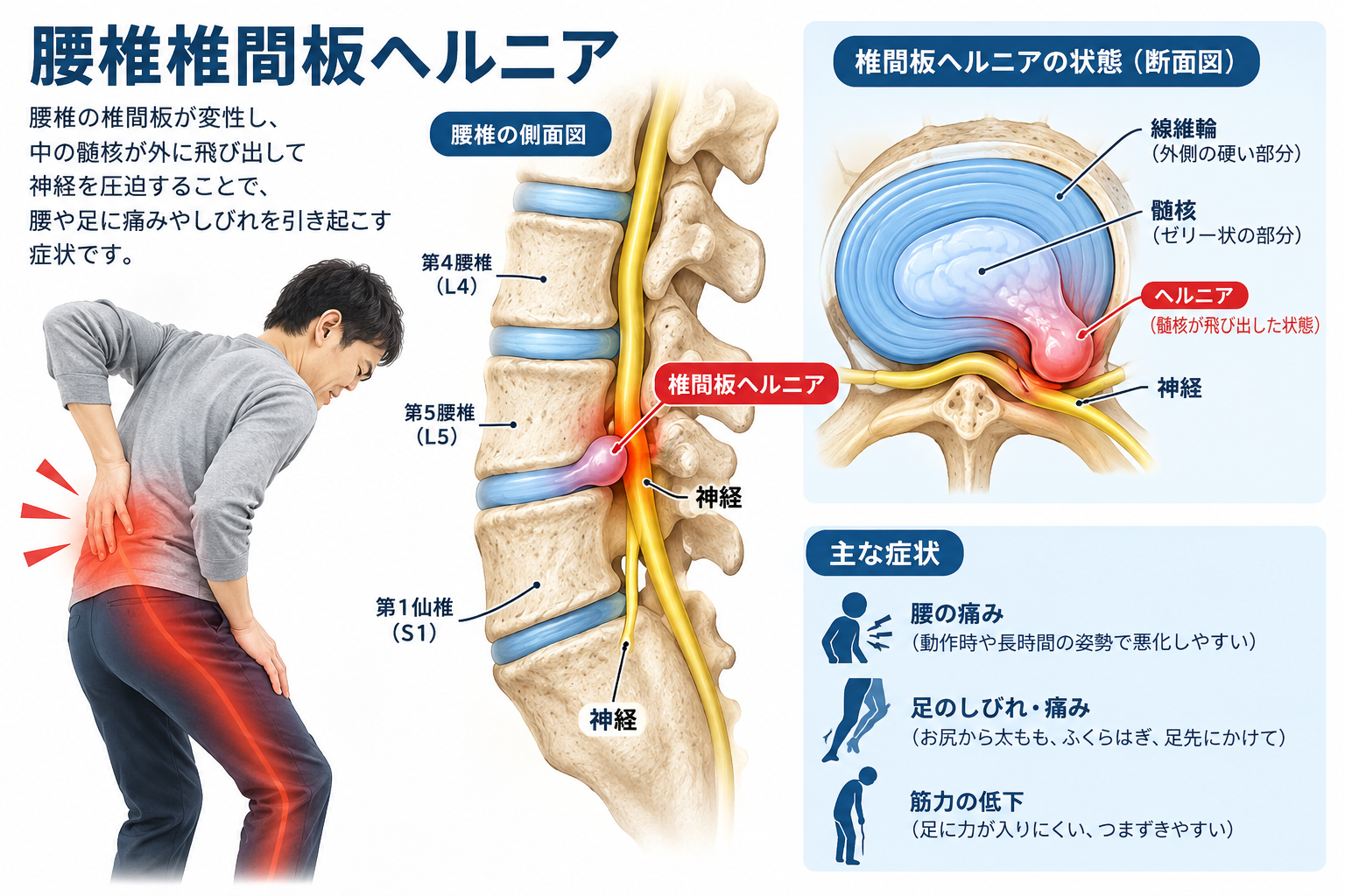 腰椎椎間板ヘルニアとは?前かがみで悪化する腰痛の原因と対処法